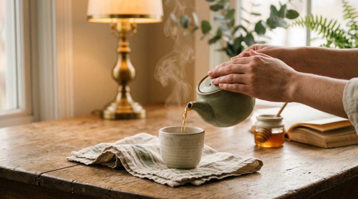 Eine Teekanne und eine Tasse auf einem Holztablett neben einem Buch und einer gedimmten Lampe