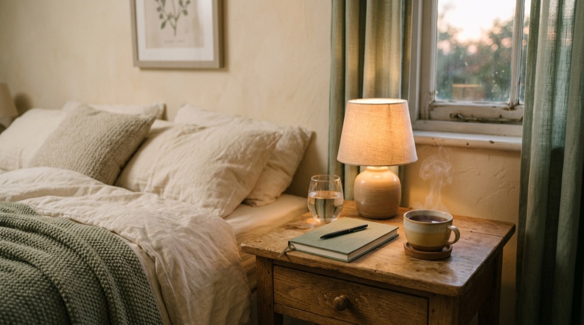 Nachttisch mit kleiner Lampe, Notizbuch, Stift und Tasse Tee in warmem Abendlicht