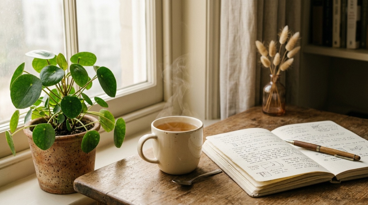 Eine Tasse Tee und ein Notizbuch auf einem aufgeräumten Schreibtisch neben einer Pflanze