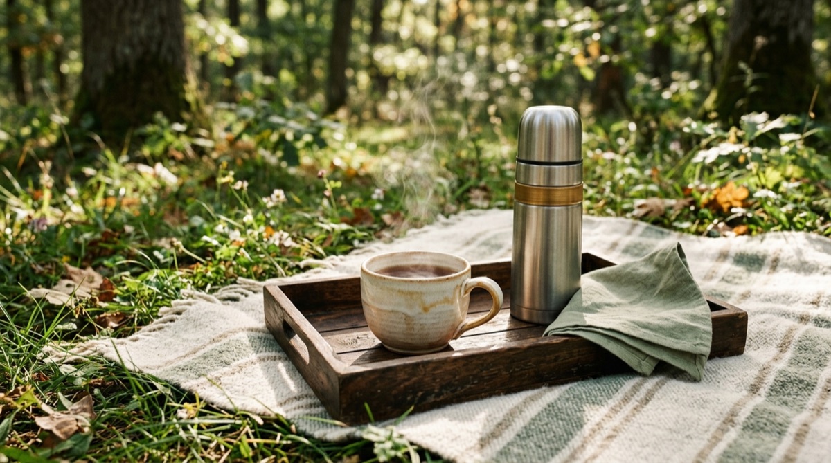 Holztablett mit dampfender Tasse, Thermoskanne und Leinenserviette auf einer Decke im Gras