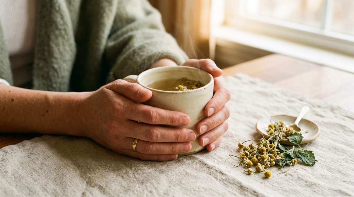 Hände halten eine Tasse mit hellem Kräutertee, daneben liegen Melissenblätter und Kamillenblüten