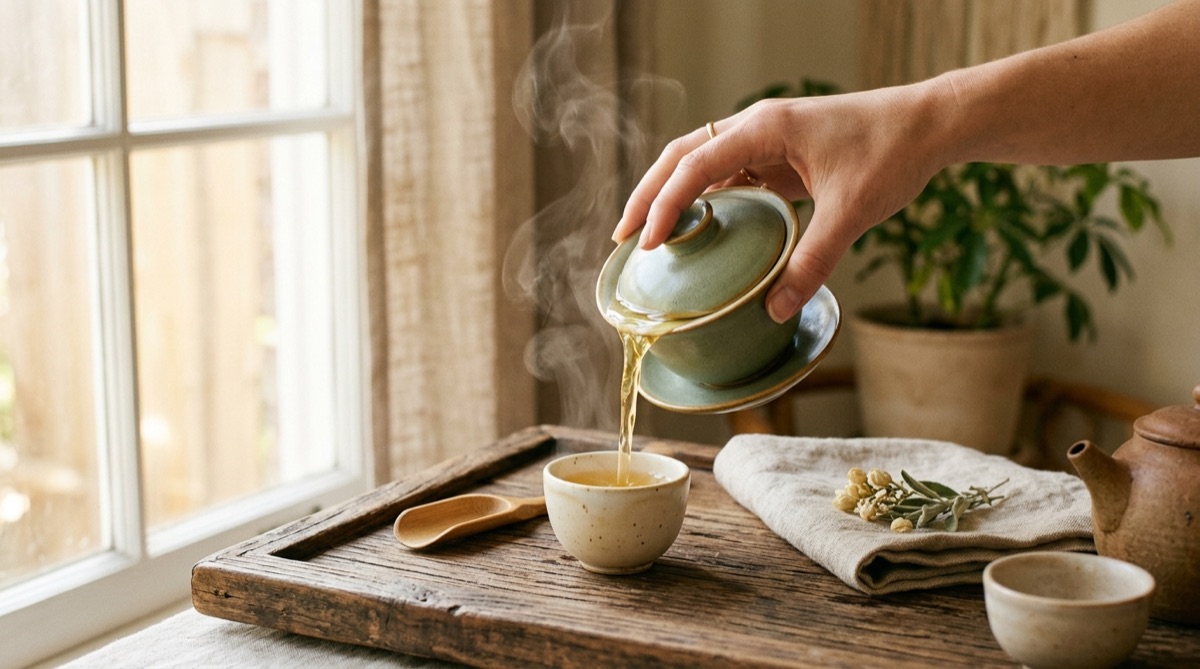 Ein Holztablett mit Gaiwan, kleinem Gießgefäß aus Glas und drei winzigen Tassen, Dampf steigt auf