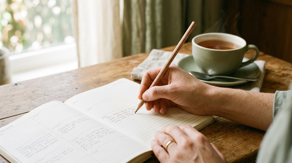 Eine Hand schreibt mit Bleistift in ein aufgeschlagenes Notizbuch, daneben eine Tasse Tee