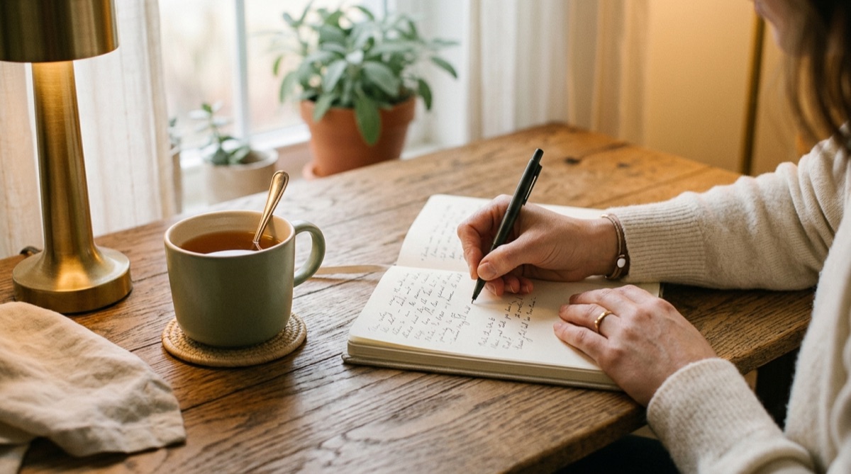 Offenes Notizbuch mit Stift neben einer Tasse Tee und einer kleinen Nachttischlampe