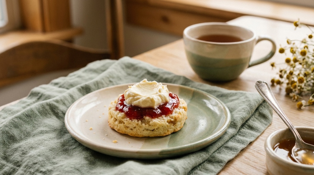 Dreistöckige Etagere mit Sandwiches, Scones und kleinen Kuchen neben einer Teekanne und zwei Tassen