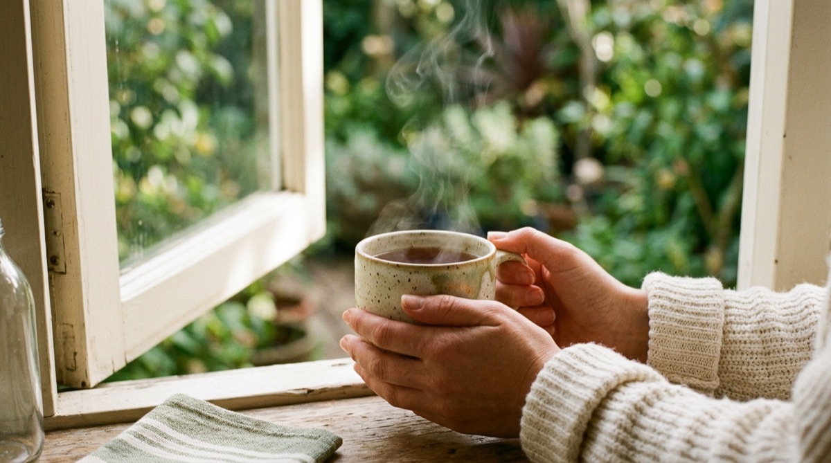 Hände halten eine Tasse Tee am offenen Fenster, draußen ein ruhiger Garten