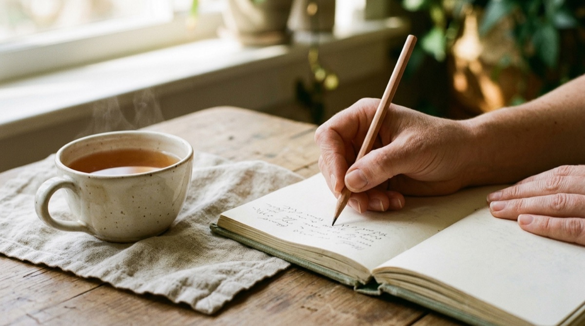 Hände halten ein Notizbuch und einen Stift neben einer Tasse Tee auf einem Holztisch
