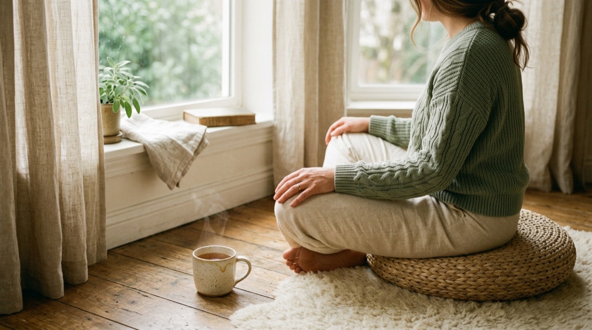 Eine Person sitzt mit gekreuzten Beinen auf einem Kissen am Fenster, nur Hände und Schoß im Bild, daneben eine Tasse Tee