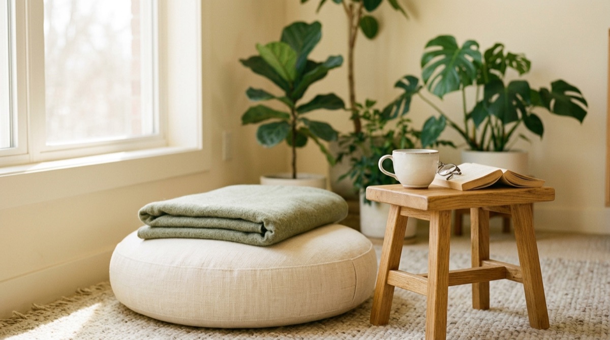 Ruhige Fensterecke mit Sitzkissen, Wolldecke und einer Teetasse auf einem Holzhocker