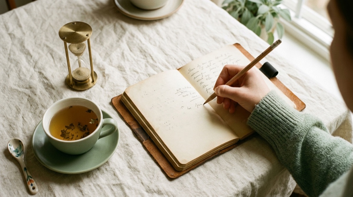 Eine Hand schreibt mit einem Stift in ein Notizbuch, daneben steht eine Tasse Tee auf einem Holztisch