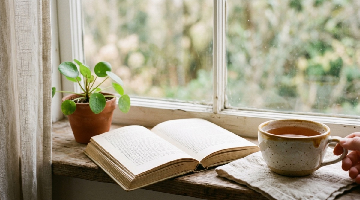 Eine Tasse Tee auf einem Fensterbrett neben einer Pflanze und einem aufgeschlagenen Buch