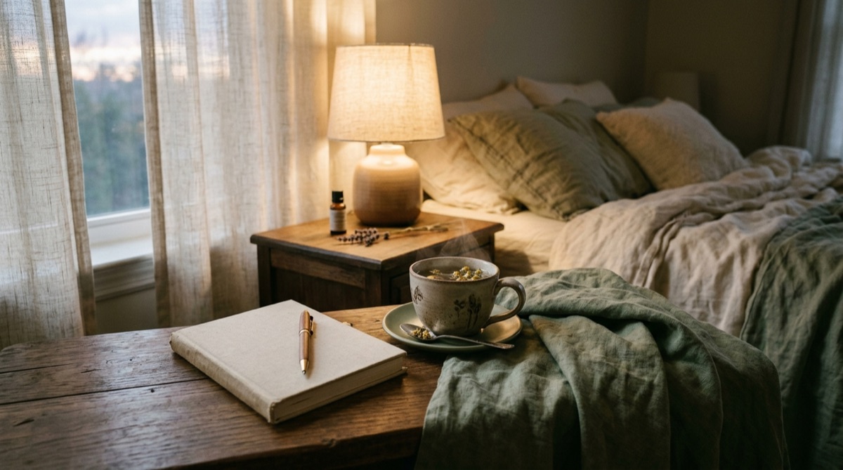Eine Tasse Tee und ein Notizbuch mit Stift auf einem Nachttisch im warmen Lampenlicht