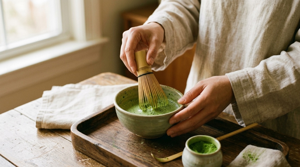 Hände halten einen Bambusbesen über einer Matcha-Schale auf einer Tatami-Matte