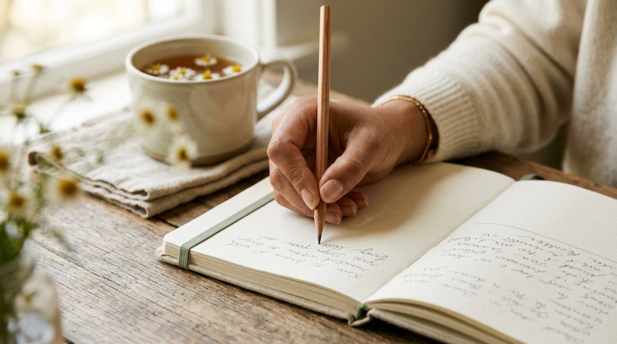 Aufgeschlagenes Notizheft mit handgeschriebenen Zeilen, daneben Stift und Teetasse