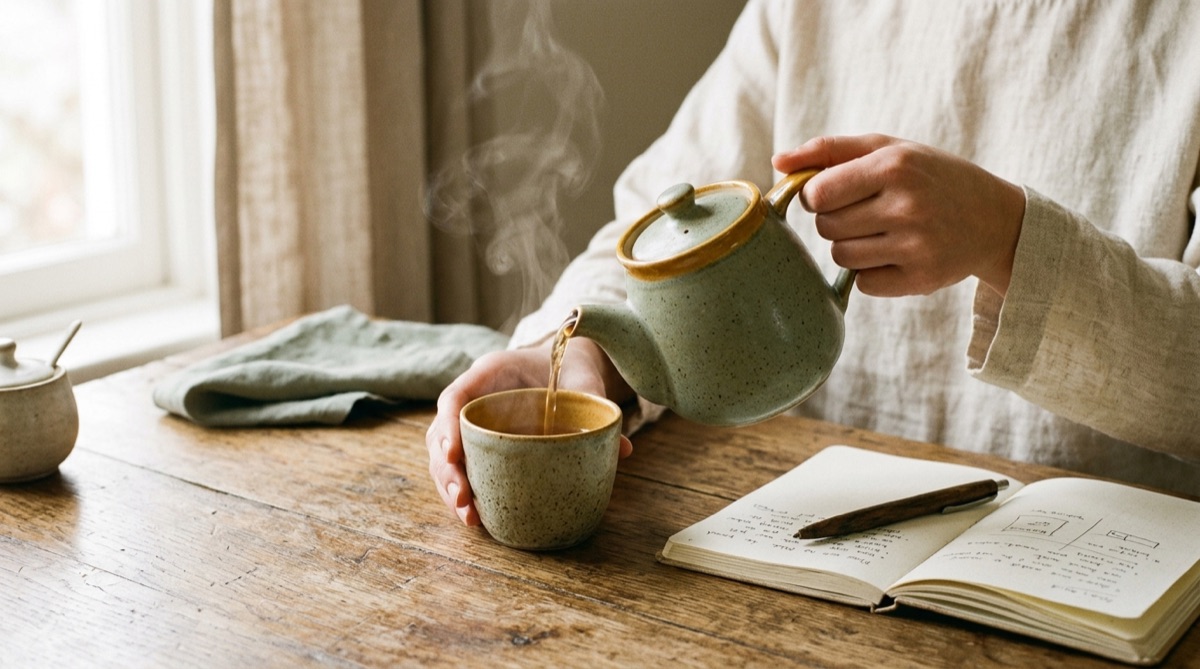 Hände gießen heißes Wasser aus einer Keramikkanne in eine Tasse, daneben ein Notizbuch