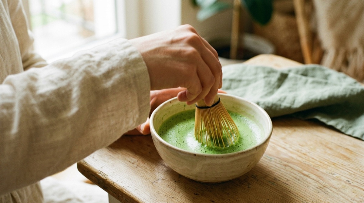 Matcha wird mit einem Bambusbesen in einer Keramikschale aufgeschlagen