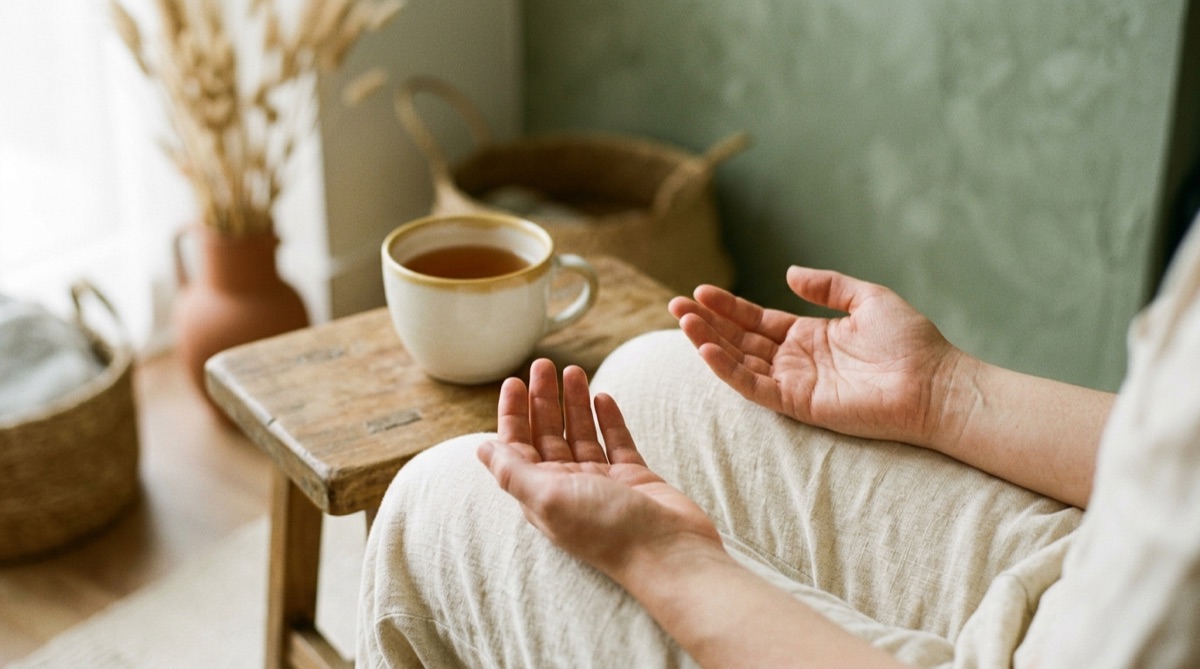 Offene Hände ruhen auf den Knien einer sitzenden Person neben einer Tasse Tee auf einem Hocker