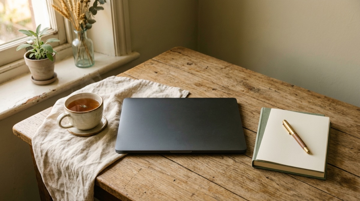 Ein zugeklappter Laptop auf einem Holztisch, daneben ein Notizblock mit Stift und eine Tasse Tee