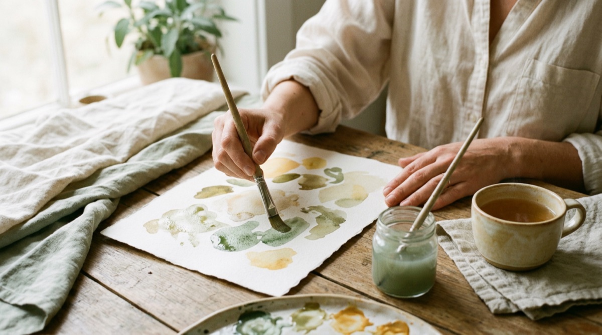 Aquarellpapier mit Pinsel, Farbnäpfchen und einer Tasse Tee auf einem hellen Tisch