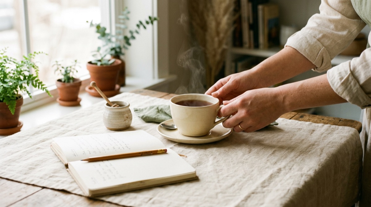 Aufgeschlagener Kalender mit handschriftlichen Notizen, daneben eine Tasse Tee und ein Stift