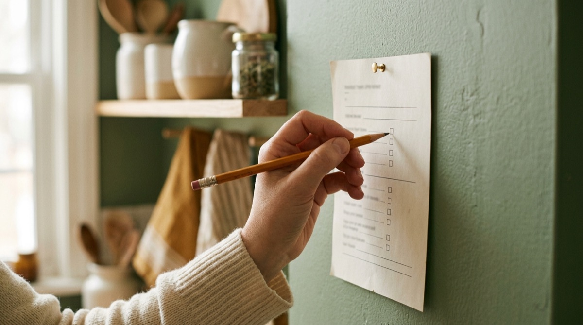 Ausgedruckte Liste auf einem Holztisch neben Stift und Teetasse, im Fensterlicht