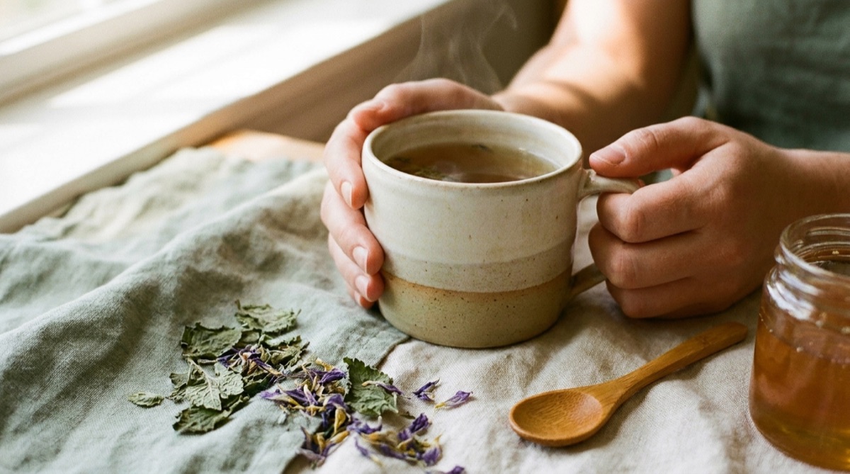 Hände halten eine Tasse Kräutertee neben getrockneten Melissenblättern und Lavendel auf einem Holztisch