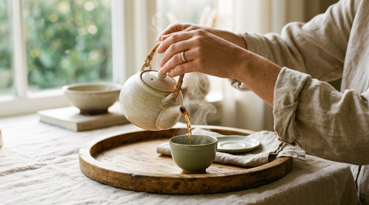 Eine Hand gießt Tee aus einer kleinen Kanne in eine Keramiktasse auf einem Holztablett