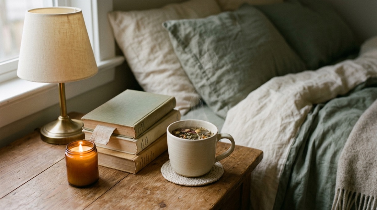 Eine Tasse Kräutertee neben einem Stapel Bücher und einer Kerze auf einem Nachttisch