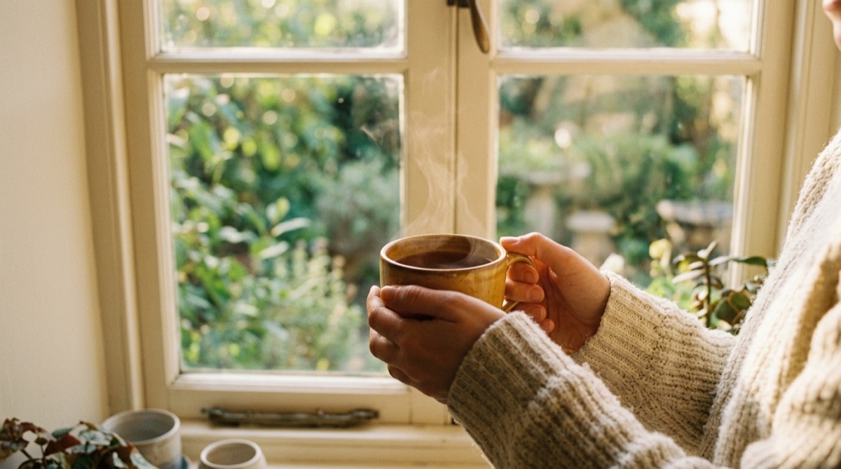 Eine Tasse Tee auf einem Fensterbrett, im Hintergrund unscharf ein Garten im Abendlicht