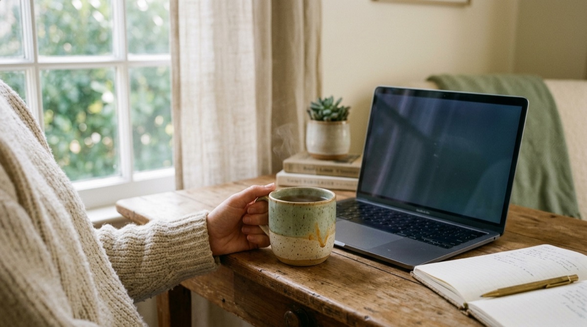 Eine Tasse Tee neben einem aufgeklappten Laptop, der Bildschirm ist abgedunkelt