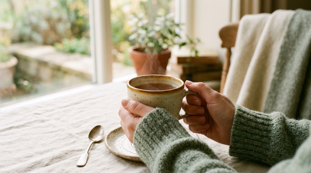Eine warme Tasse Tee in zwei Händen, daneben eine gefaltete Wolldecke auf einem Sessel