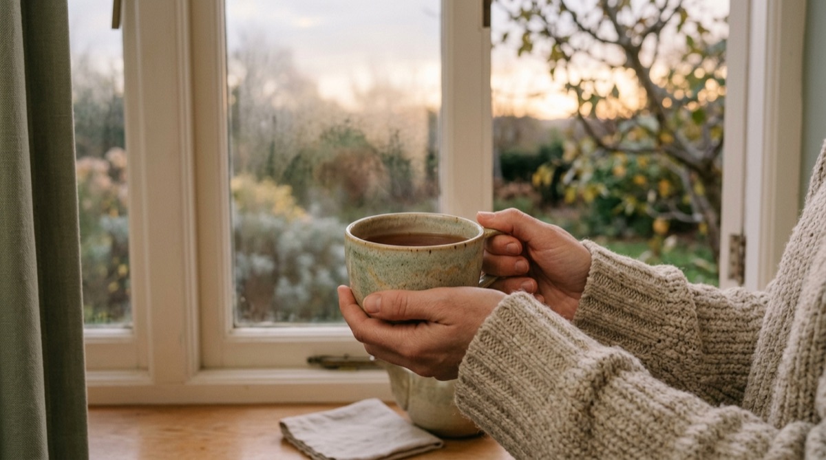 Eine Hand hält eine Teetasse am Fenster, draußen ist Abendlicht und ein Zweig zu sehen