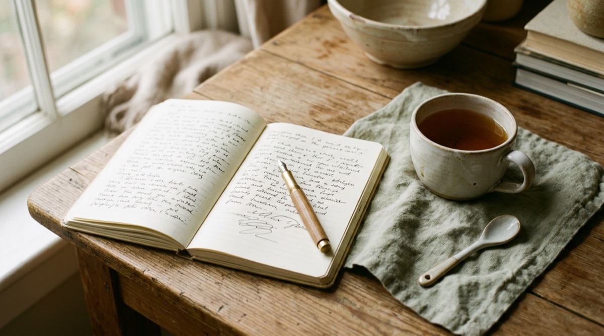 Ein aufgeschlagenes Notizbuch mit Stift neben einer Tasse Tee auf einem Holztisch